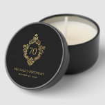 70th Birthday Black Faux Gold Vintage Ornate Crest Mini Candle Favors<br><div class="desc">An elegant black and gold design with the age in a vintage crest, recommended for a man's birthday. The crest is faux gold foil, the background is black. Under the crest, in small caps, there are the name and occasion in golden letters and the date. The vintage floral crest from...</div>