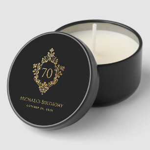 70th Birthday Black Faux Gold Vintage Ornate Crest Mini Candle Favors