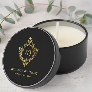 70th Birthday Black Faux Gold Vintage Ornate Crest Mini Candle Favors
