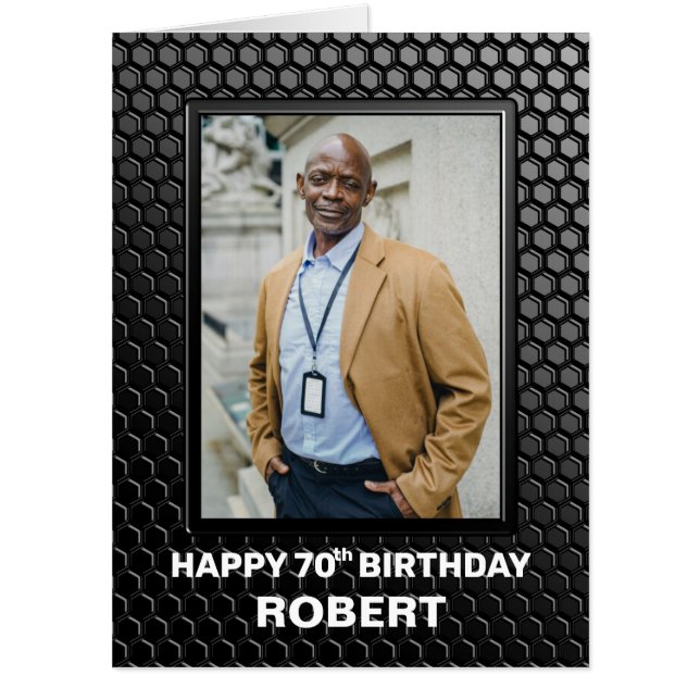 70th Birthday Black Geometric Pattern Custom Photo Card (Front)