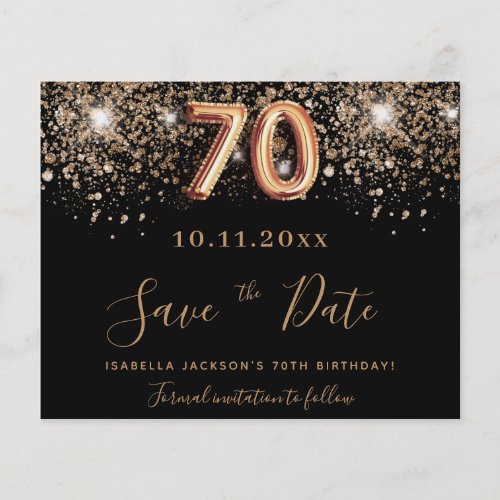 70th birthday black glitter budget save the date flyer