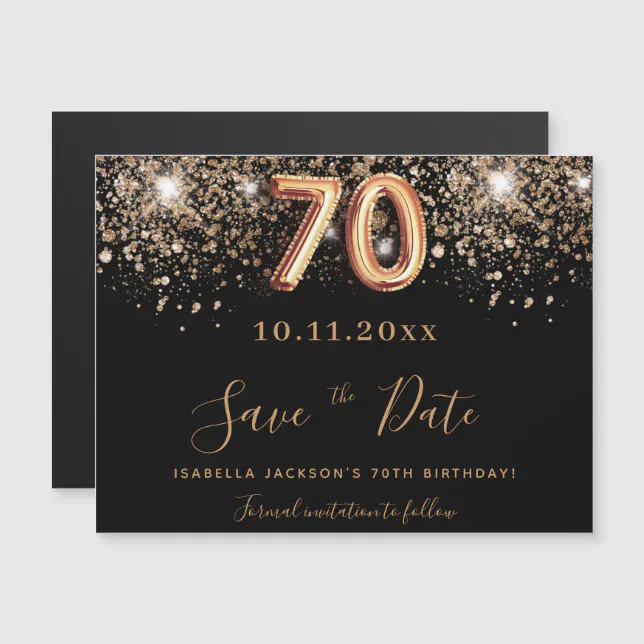 70th birthday black glitter save the date magnet | Zazzle