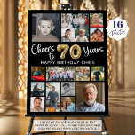 70th Birthday Black Gold 16 Photo Cheers to Years Foam Board<br><div class="desc">Create a 70th birthday photo memory display foam board utilizing this easy-to-upload photo collage template with 16 pictures of her or him through the years for a fun birthday party decoration and commemorative keepsake. The design features the title CHEERS TO 70 YEARS with gold foil balloon numbers and your custom...</div>