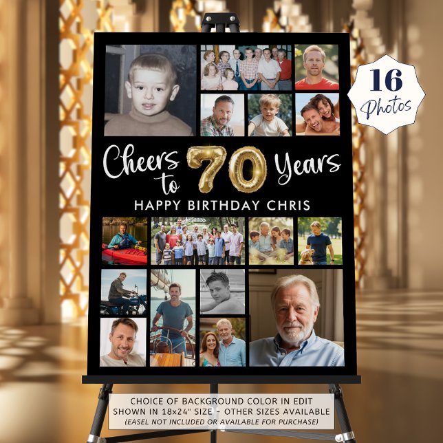 70th Birthday Black Gold 16 Photo Cheers to Years Foam Board (Creator Uploaded)