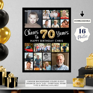70th Birthday Black Gold 16 Photo Cheers to Years Poster