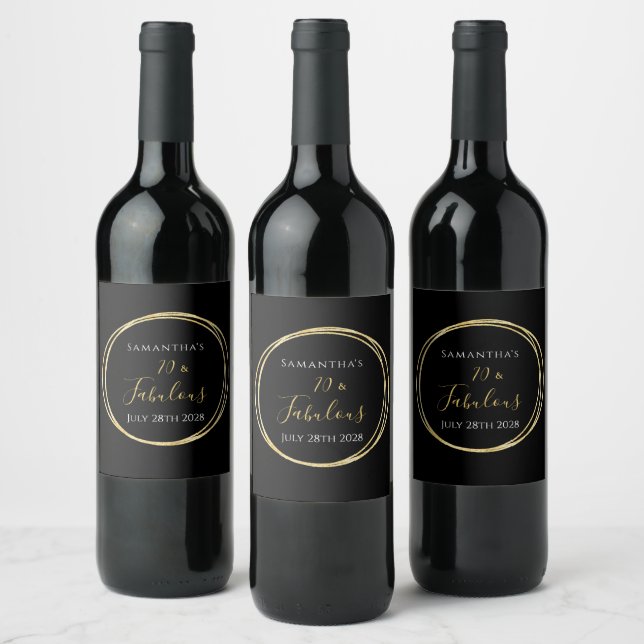 70th Birthday Black Gold 70 and Fabulous Party  Wine Label (Bottles)
