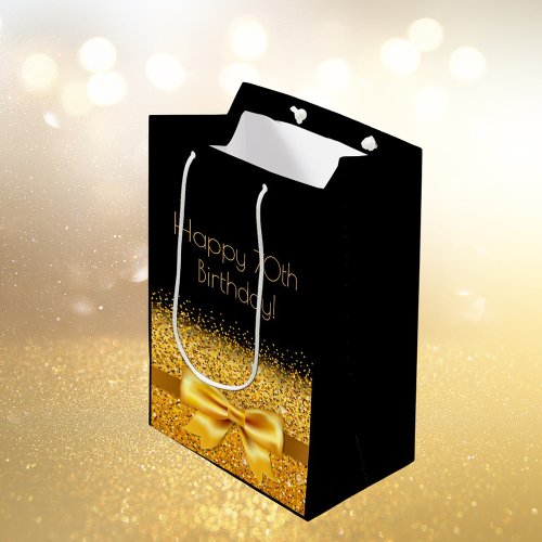 70th birthday black gold bow sparkle medium gift bag