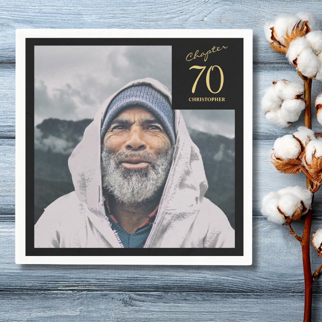 70th Birthday Black Gold Chapter 70 Photo Napkins (70th birthday paper napkin in black and gold with photo on wood plank background)
