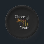 70th Birthday Black Gold Cheers and Beers Party Paper Plates<br><div class="desc">This is a cool and modern, 70th birthday party design. It is a simple, minimal design, in classic black and gold typography. Perfect for a cool and fun, 70th birthday party. This design is fully customizable, simply use the personalize this button to change the age, or the rest of the...</div>