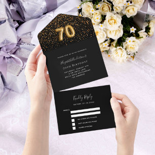 70th birthday black gold confetti rsvp all in one invitation