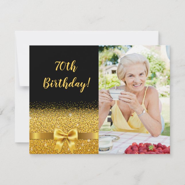 70th birthday black gold custom photo elegant invitation (Front)