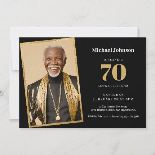 70th Birthday Black Gold Custom Photo Simple Party Invitation