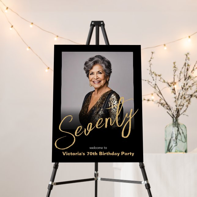 70th Birthday Black Gold Custom Photo Welcome Foam Board (In Situ (Stand))