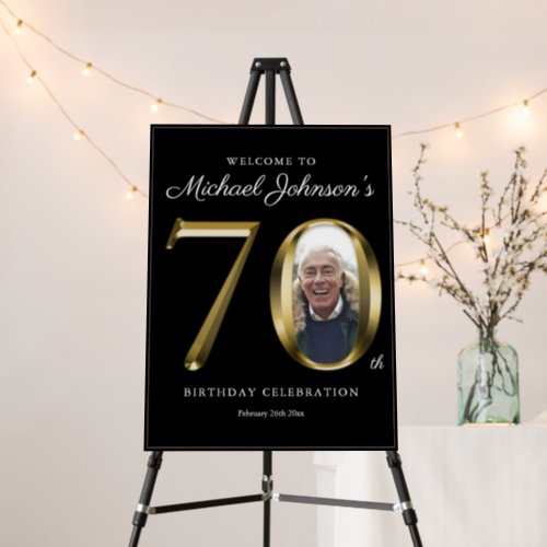 70th Birthday Black Gold Custom Photo Welcome Sign