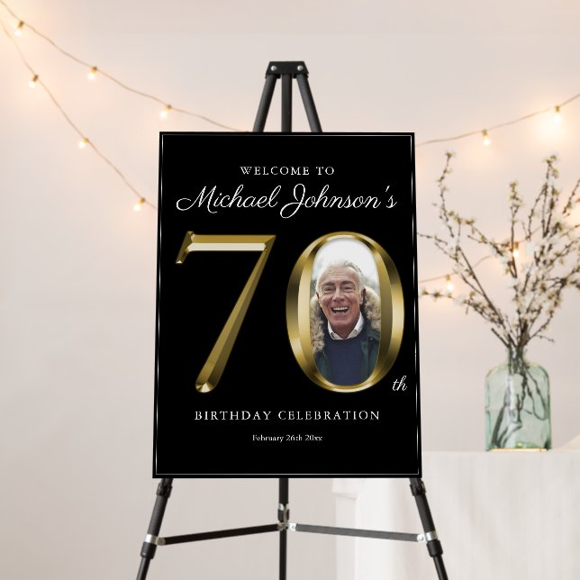 70th Birthday Black Gold Custom Photo Welcome Sign (In Situ (Stand))