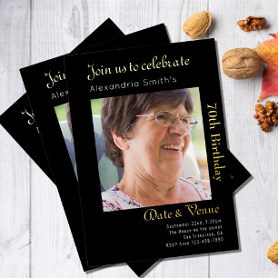 70th Birthday Black Gold Foil Invitation