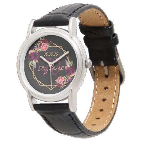 70th birthday black gold geometric floral burgundy watch