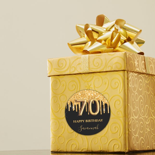 70th birthday black gold glitter balloon party classic round sticker (Creator Uploaded)