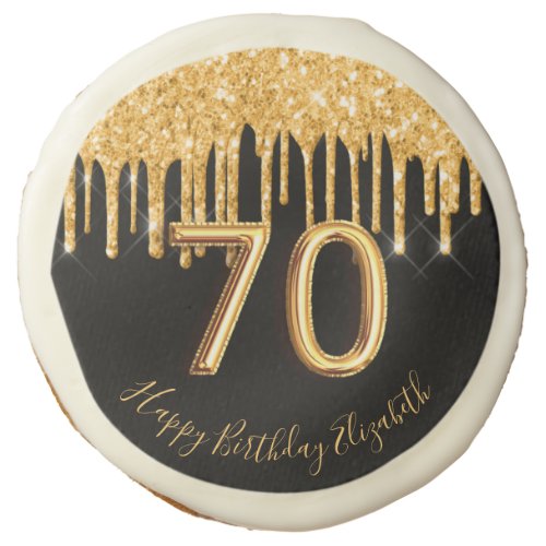 70th birthday black gold glitter balloon style sugar cookie