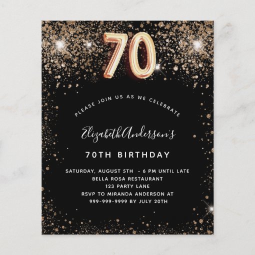 70th birthday black gold glitter budget invitation flyer | Zazzle