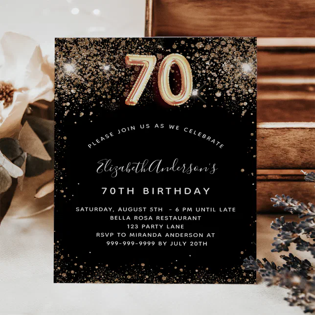 70th birthday black gold glitter budget invitation flyer | Zazzle