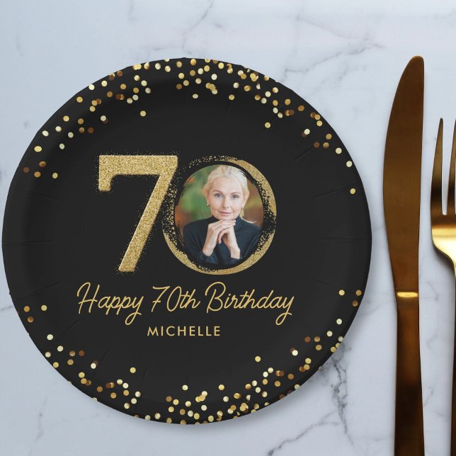 70th Birthday Black Gold Glitter Custom Photo Paper Plates (Creator Uploaded)