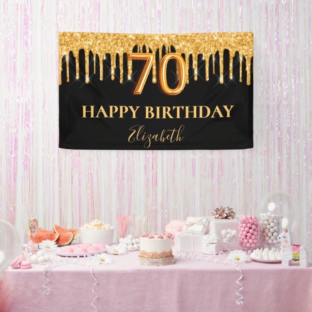 70th birthday black gold glitter drips banner (Party)