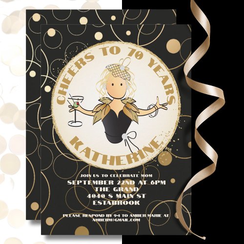 70th Birthday Black Gold Glitter Fabulous Birthday Invitation