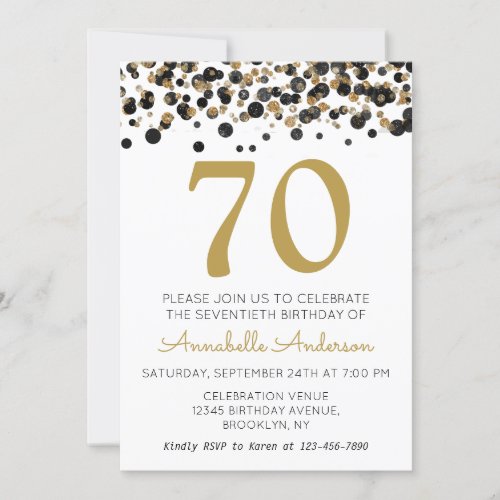 70th Birthday Black Gold Glitter Sparkle Confetti Invitation