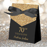 70th Birthday Black Gold Glitter Thank You Favor Boxes<br><div class="desc">This fabulous modern 70th Birthday Black Gold Glitter Thank You favor box with sparkling gold glitter, the birthday girl's name in a trendy script font, and tied with an elegant black bow would be perfect for your event. It would be great for a candy station, on a thank you gift...</div>