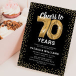 70th Birthday Black Gold Invitation<br><div class="desc">Elegant seventieth birthday party invitation featuring a stylish black background that can be changed to any color,  gold sparkly glitter,  seventy gold hellium balloons,  and a modern 70th birthday celebration text template that is easy to personalize.</div>