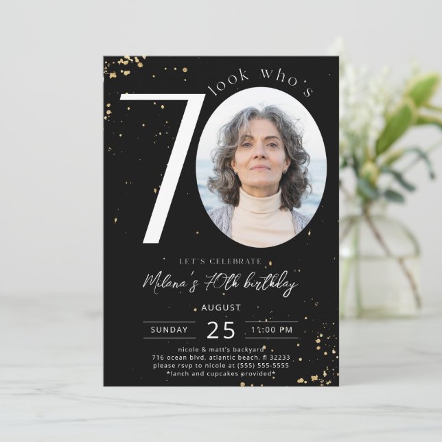 70th Birthday Black Gold Invitation Card Photo (Standing Front)