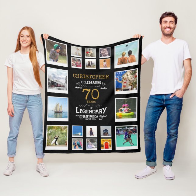 70th Birthday Black Gold Legendary 20 Photo Fleece Blanket (In Situ)