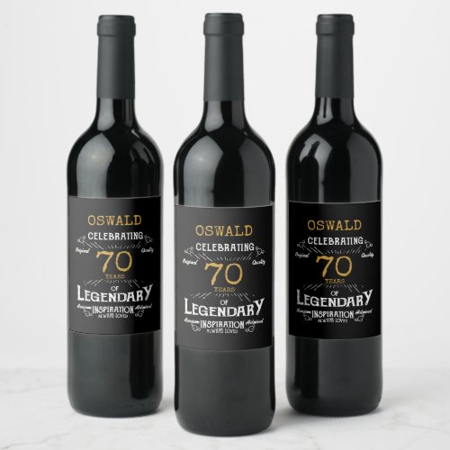 70th Birthday Black Gold Legendary Funny Wine Labe Wine Label