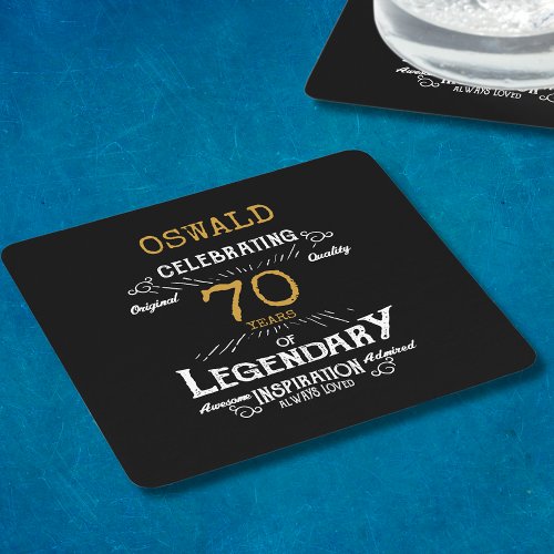 70th Birthday Black Gold  Legendary Retro Square Paper Coaster