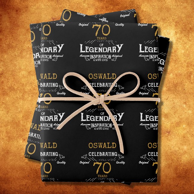 70th Birthday Black Gold  Legendary Retro Wrapping Paper Sheets (Vintage Black Gold Elegant wrapping paper - Personalized 70th Birthday edition.)