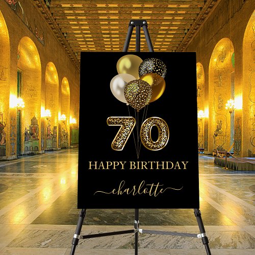 70th birthday black gold leopard name script foam board