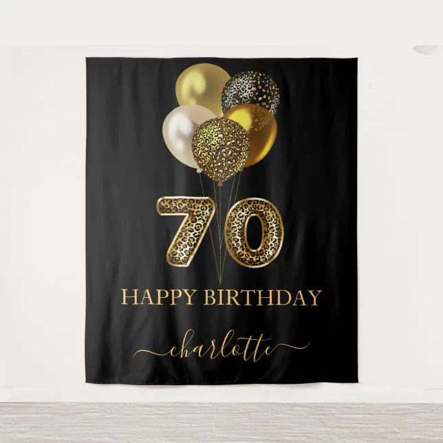 70th birthday black gold leopard name script tapestry | Zazzle