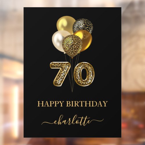 70th birthday black gold leopard name script window cling