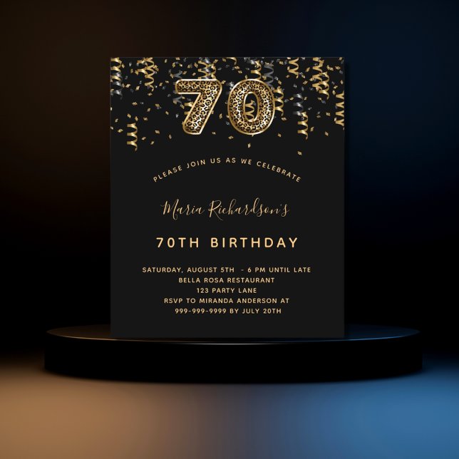70th birthday black gold leopard party invitation (Creator Uploaded)
