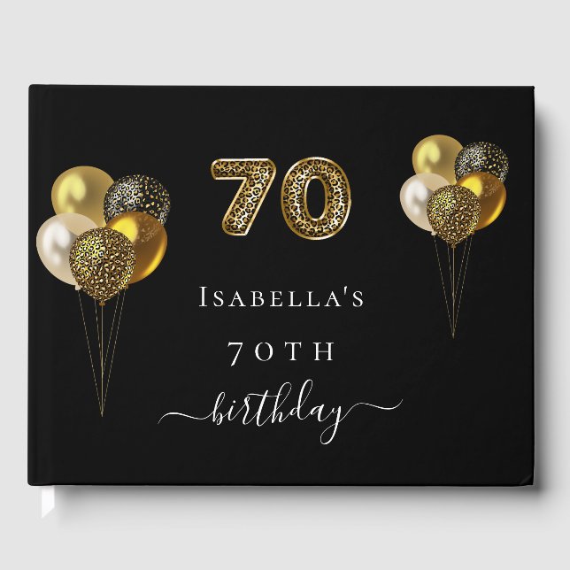70th birthday black gold leopard print birthday guest book (Front)