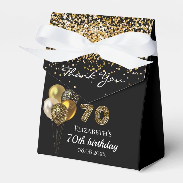70th birthday black gold leopard thank you favor boxes (Front Side)