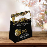 70th birthday black gold leopard thank you favor boxes<br><div class="desc">A black background,  decorated with balloons and confetti. Number 70 is written with a trendy balloon style font,  leopard pattern.  Personalize and add a name and a date. 70th birthday and Thank You written with a modern hand lettered style script.</div>