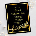 70th birthday black gold music notes invitation<br><div class="desc">A trendy, modern 70th birthday party invitation card for both men and women. A classic black background, with faux gold frame and music notes, golden colored letters. Templates for your party information. Back: white background. Tip: If you don't want it to look like a postcard, click customize, go to the...</div>
