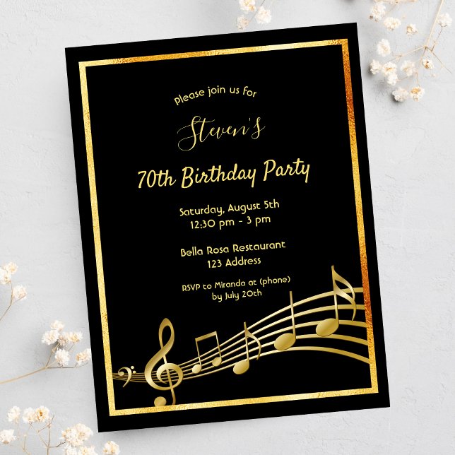70th birthday black gold music notes invitation