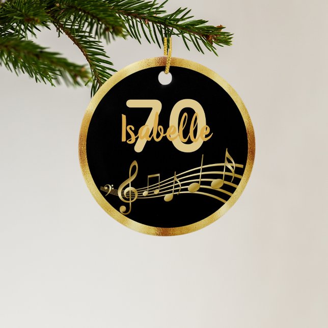 70th birthday black gold music notes name ceramic ornament (Creator Uploaded)
