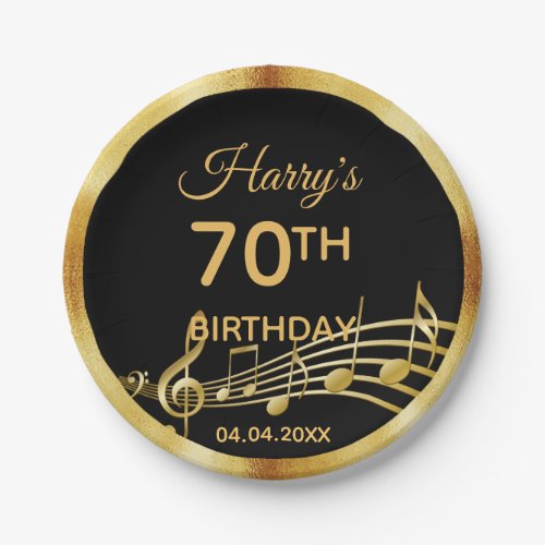 70th birthday black gold music notes name paper plates