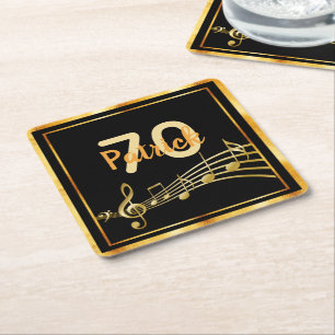 70th birthday black gold music notes name square paper coaster