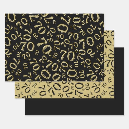 70th Birthday Black  Gold Number Pattern 70 Wrapping Paper Sheets