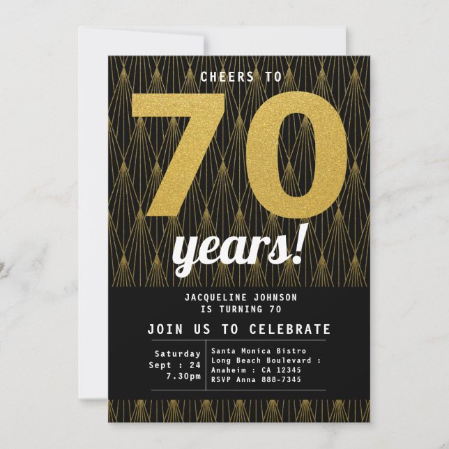 70th Birthday Black Gold Party Invitation (Front)